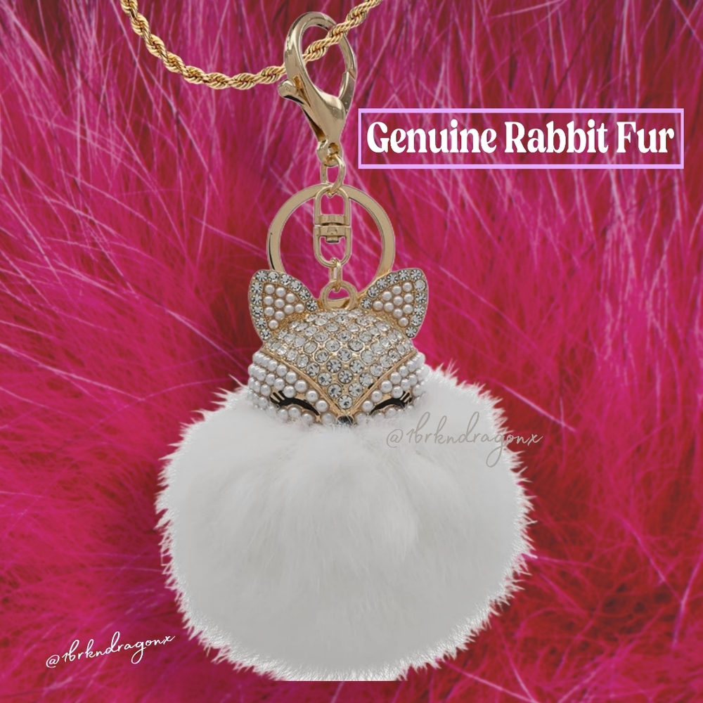 The Sleeping Fox Genuine Rabbit Fur Handbag Purse Charm Keychain Badge Charm - Picture 7 of 14